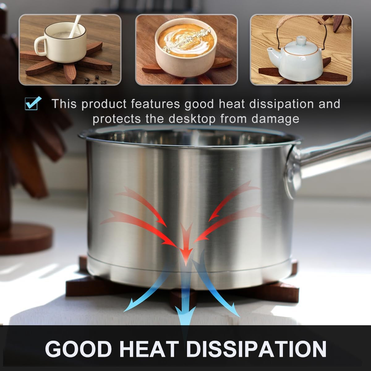 Wooden Trivet Tree Set for Hot Dishes, 100% Natural Wood, Expandable Design Coaster, Foldable Tree-Sharped Placemats with 4Pcs(Walnut Color)