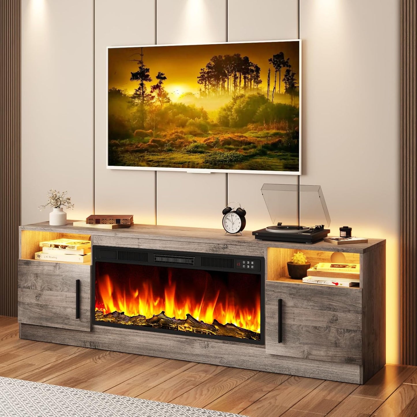 Fireplace TV Stand Entertainment Center with 36" Fireplace, 70" Wooden TV Stand for Tvs up to 80", Media TV Console with High Gloss Storage Cabinet and 16 Colors LED Lights (Black)