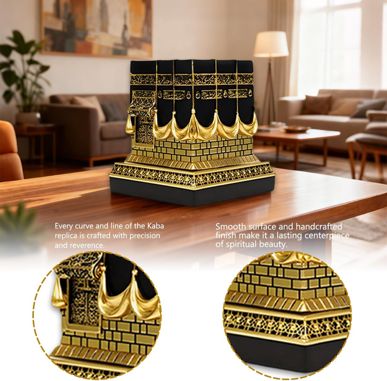 Resin Kaba Replica Decor - 4.6 Inch Golden Black Islamic Prayer House Model with Arabic Script & Rhinestones, Eid Ramadan Gift, Muslim Home Office Desk Decoration (4.17X4.17 in Base) (Gold)