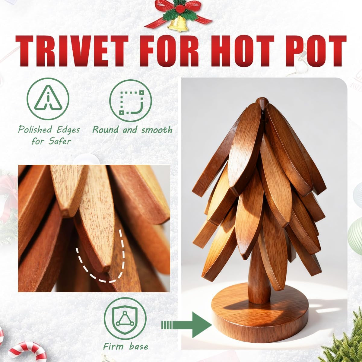 Wooden Trivet Tree Set for Hot Dishes, 100% Natural Wood, Expandable Design Coaster, Foldable Tree-Sharped Placemats with 4Pcs(Walnut Color)