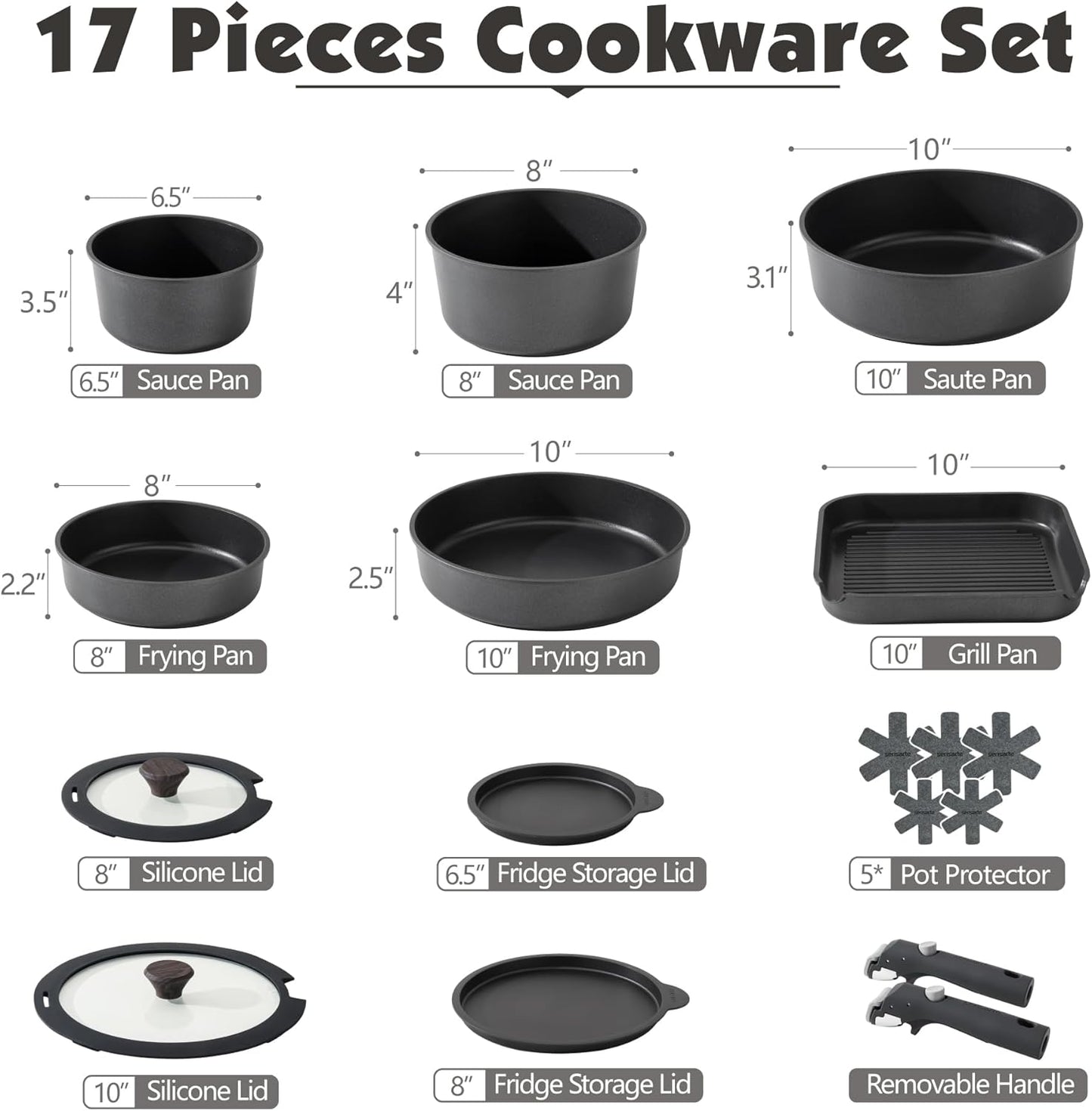 17 Piece Pots and Pans Set, Nonstick Detachable Handle Cookware Set, Induction Kitchen Cookware Set with Removable Handle, Healthy Non Stick for RV, Dishwasher ＆ Oven Safe, PFOA Free (Black)