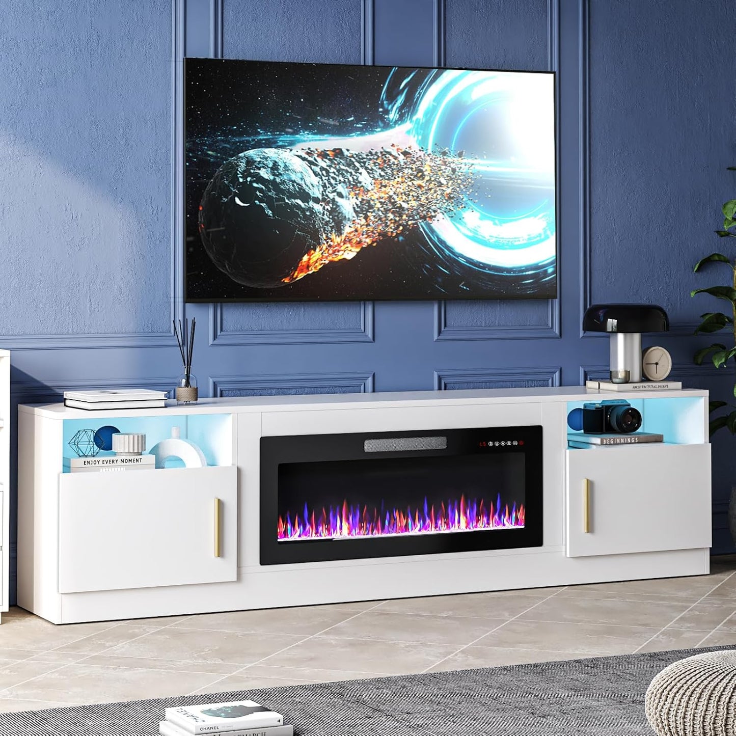 Fireplace TV Stand Entertainment Center with 36" Fireplace, 70" Wooden TV Stand for Tvs up to 80", Media TV Console with High Gloss Storage Cabinet and 16 Colors LED Lights (Black)