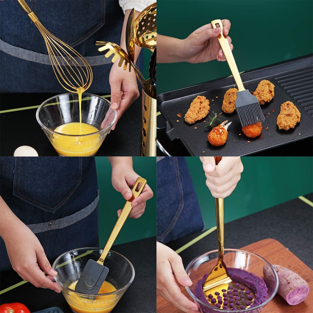 Gold Cooking Utensils Set, Berglander Stainless Steel 13 Pieces Kitchen Utensils Set with Titanium Gold Plating, Kitchen Tools Set with Utensil Holder, Dishwasher Safe, Easy to Clean