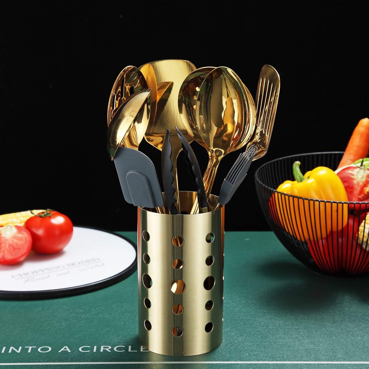 Gold Cooking Utensils Set, Berglander Stainless Steel 13 Pieces Kitchen Utensils Set with Titanium Gold Plating, Kitchen Tools Set with Utensil Holder, Dishwasher Safe, Easy to Clean