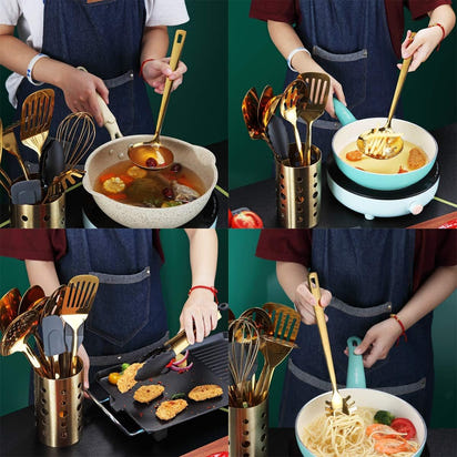 Gold Cooking Utensils Set, Berglander Stainless Steel 13 Pieces Kitchen Utensils Set with Titanium Gold Plating, Kitchen Tools Set with Utensil Holder, Dishwasher Safe, Easy to Clean