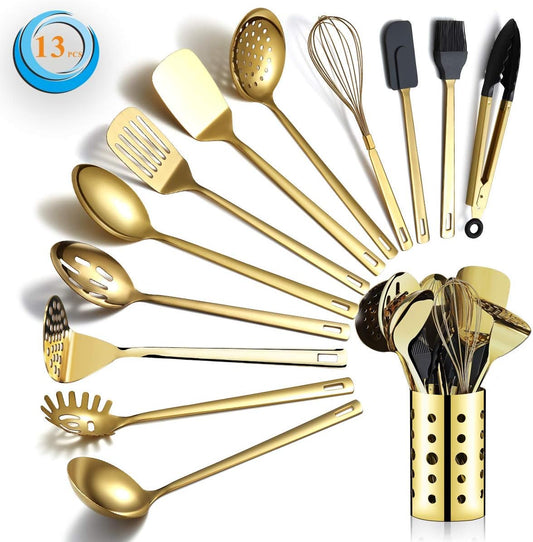 Gold Cooking Utensils Set, Berglander Stainless Steel 13 Pieces Kitchen Utensils Set with Titanium Gold Plating, Kitchen Tools Set with Utensil Holder, Dishwasher Safe, Easy to Clean