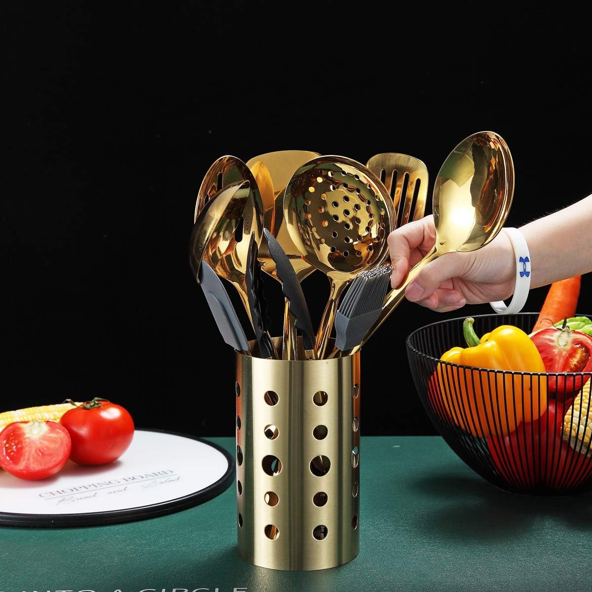 Gold Cooking Utensils Set, Berglander Stainless Steel 13 Pieces Kitchen Utensils Set with Titanium Gold Plating, Kitchen Tools Set with Utensil Holder, Dishwasher Safe, Easy to Clean