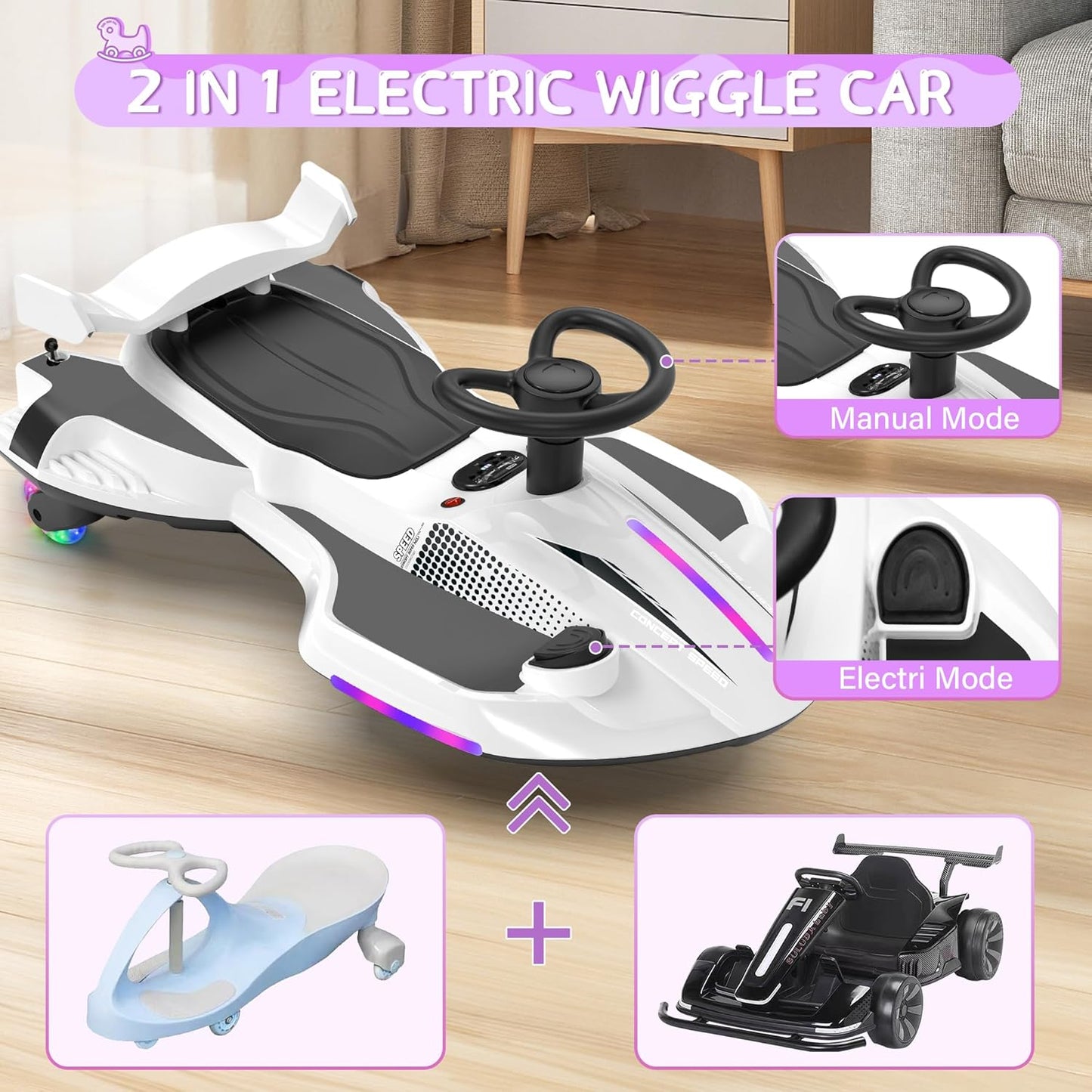 12V Electric Wiggle Car with Pedal for Kids, Rechargeable 2 in 1 Swing Car, Drifting Ride on Toys with Backrest, Anti-Rollover, Spray, Flashing Light, Music, for Ages 3 and Up, 150 Lbs (White)