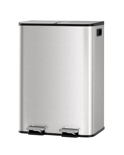 2 X 10.6 Gal Stainless Steel Double Trash Can with Lid for Kitchen, Large Dual Trash and Recycle Bin Combo, Step-On Kitchen Metal Garbage Cans, PP Inner Buckets, Liner Rim, Silver