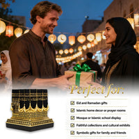 Resin Kaba Replica Decor - 4.6 Inch Golden Black Islamic Prayer House Model with Arabic Script & Rhinestones, Eid Ramadan Gift, Muslim Home Office Desk Decoration (4.17X4.17 in Base) (Gold)