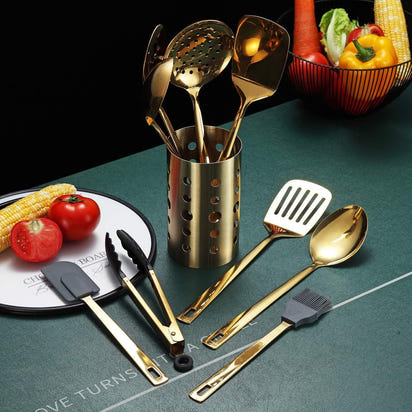 Gold Cooking Utensils Set, Berglander Stainless Steel 13 Pieces Kitchen Utensils Set with Titanium Gold Plating, Kitchen Tools Set with Utensil Holder, Dishwasher Safe, Easy to Clean