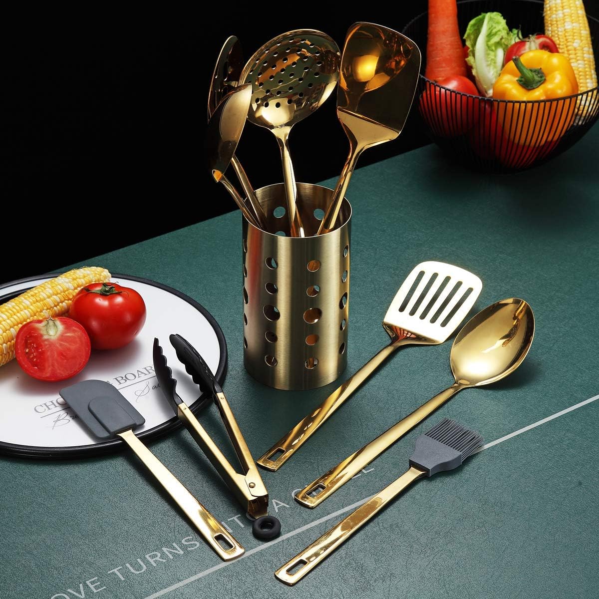 Gold Cooking Utensils Set, Berglander Stainless Steel 13 Pieces Kitchen Utensils Set with Titanium Gold Plating, Kitchen Tools Set with Utensil Holder, Dishwasher Safe, Easy to Clean