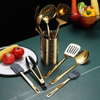 Gold Cooking Utensils Set, Berglander Stainless Steel 13 Pieces Kitchen Utensils Set with Titanium Gold Plating, Kitchen Tools Set with Utensil Holder, Dishwasher Safe, Easy to Clean