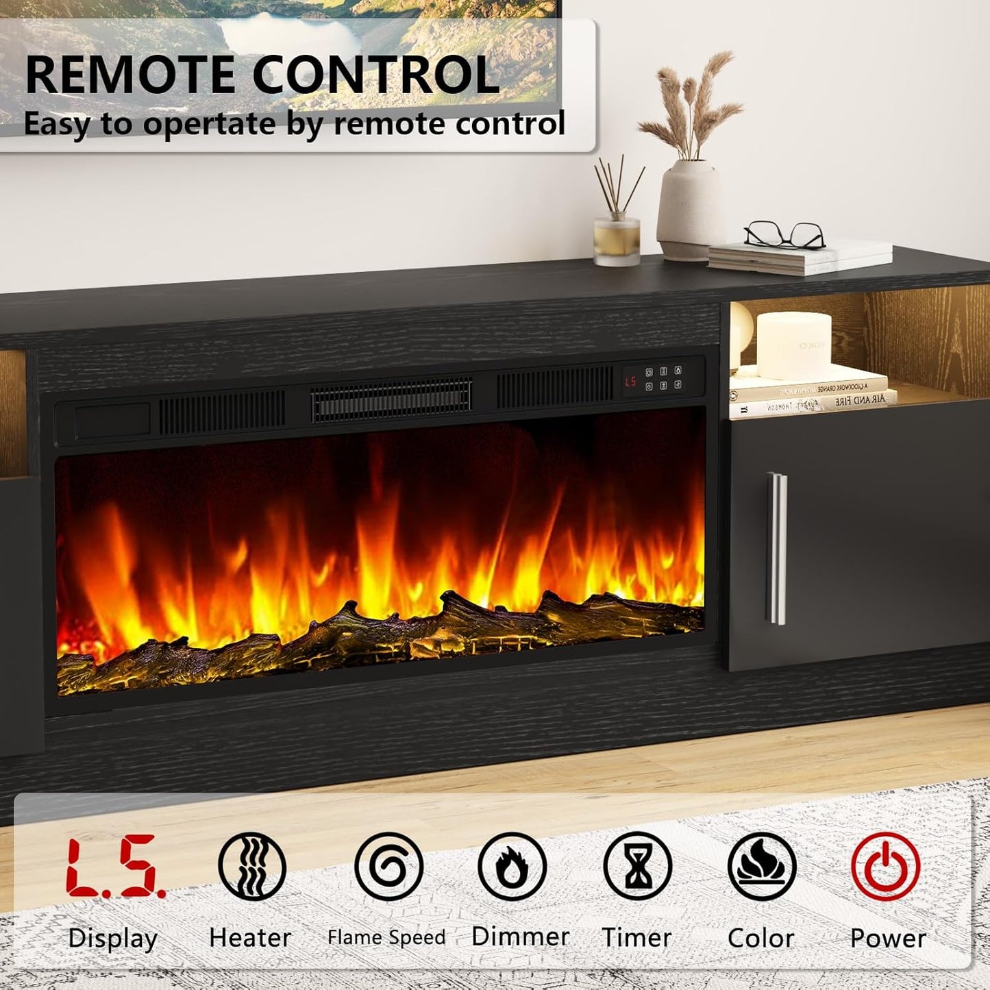 Fireplace TV Stand Entertainment Center with 36" Fireplace, 70" Wooden TV Stand for Tvs up to 80", Media TV Console with High Gloss Storage Cabinet and 16 Colors LED Lights (Black)