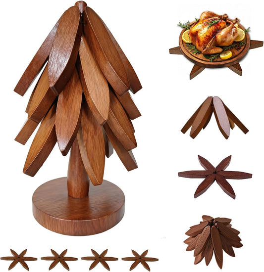 Wooden Trivet Tree Set for Hot Dishes, 100% Natural Wood, Expandable Design Coaster, Foldable Tree-Sharped Placemats with 4Pcs(Walnut Color)