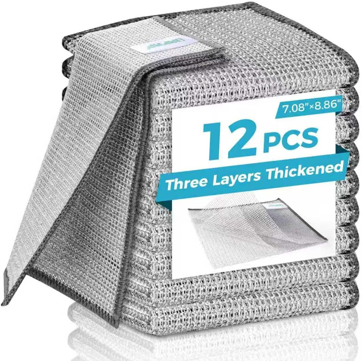 12 Pcs New Upgrade 3-Layer Metal Dish Cloth, No Scratches and No Odor, Multipurpose Wire Dishwashing Rag for Wet and Dry, Kitchen Cleaning Dishrags,Sinks,Dishes,Stove Top, Dimensions(7.08X8.86)