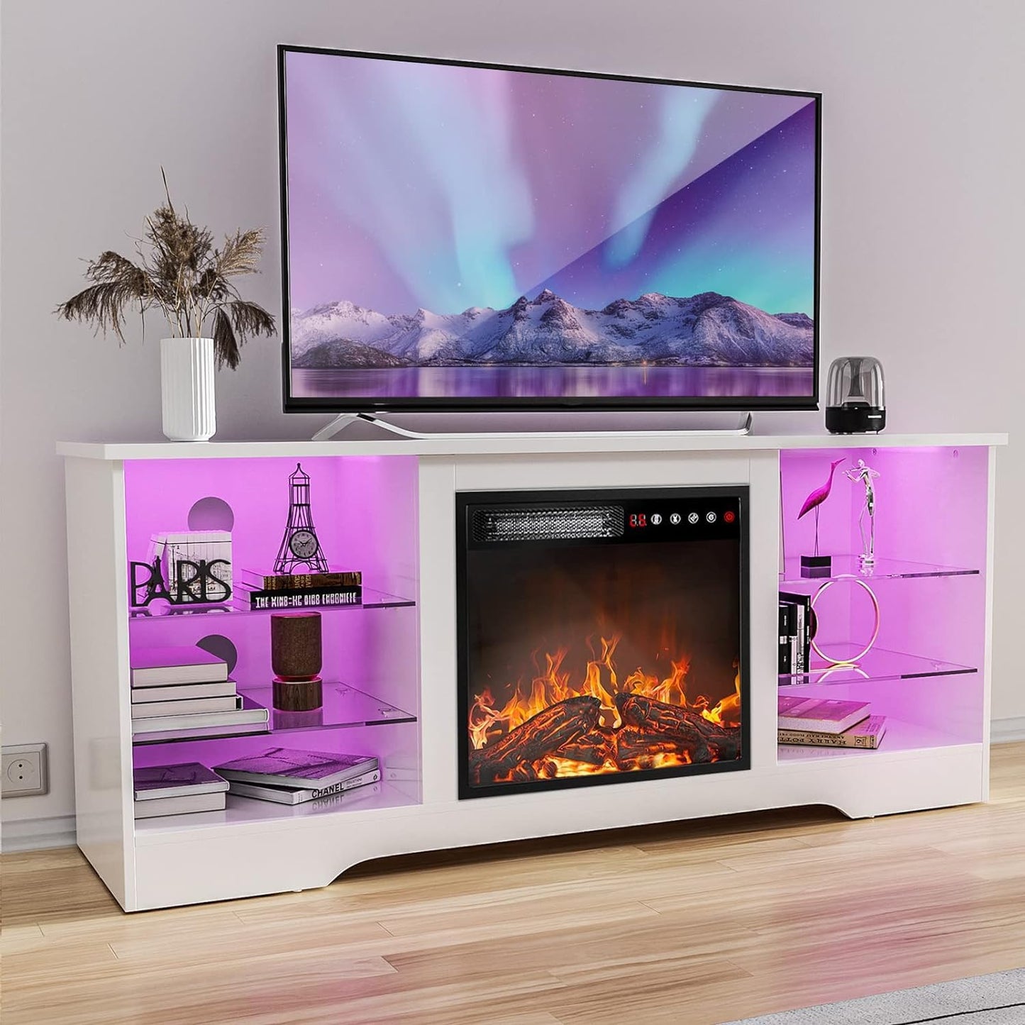 Fireplace TV Stand Entertainment Center with 36" Fireplace, 70" Wooden TV Stand for Tvs up to 80", Media TV Console with High Gloss Storage Cabinet and 16 Colors LED Lights (Black)