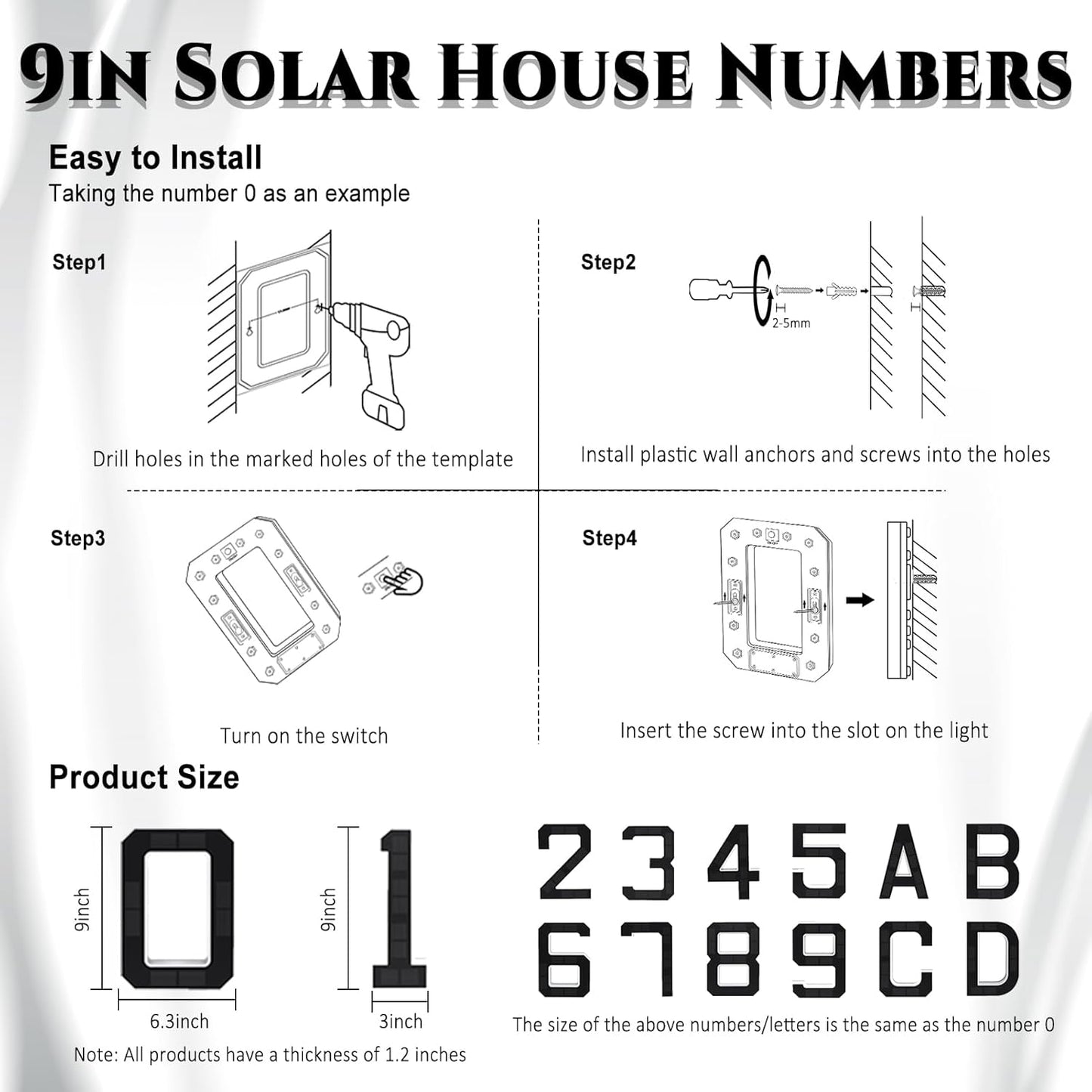 9 Inch Solar Lighted House Numbers for Outside, Light up Waterproof LED Address Numbers Signs for Houses, Large Personalized Illuminated Exterior Modern House Numbers Light (5-Black, 9IN)