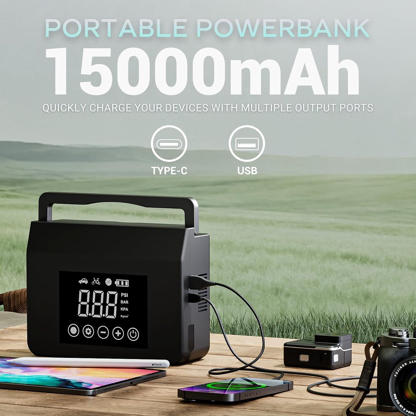 4000A Portable Jump Starter with Air Compressor, 12V Car Battery Power (All Gas 8L Diesel) with 150PSI Tire Inflator 15000Mah Powerbank & Quick Charge, Flashlight, Emergency Kit for Car, Truck