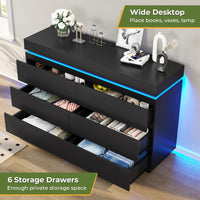 Modern 6 Drawer Dresser with Sliding Desktop, Wide Chest of Drawers with Charging Station & LED Lights, Large Storage Tower Clothes Organizer, Black Dresser for Bedroom