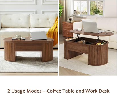 Fluted Coffee Table with Lifting Top, Oval Wood Lift Top Coffee Table with Hidden Compartment, Mid Century Pull up Center Tables for Living Room, Office - Walnut