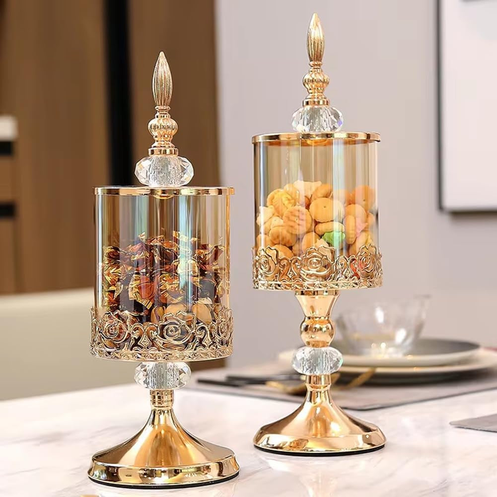 European Crystal Glass Storage Jar with Lid Rose Candy Jar Gold-Plated Storage Decorative Ornaments Art Homedecoration,L