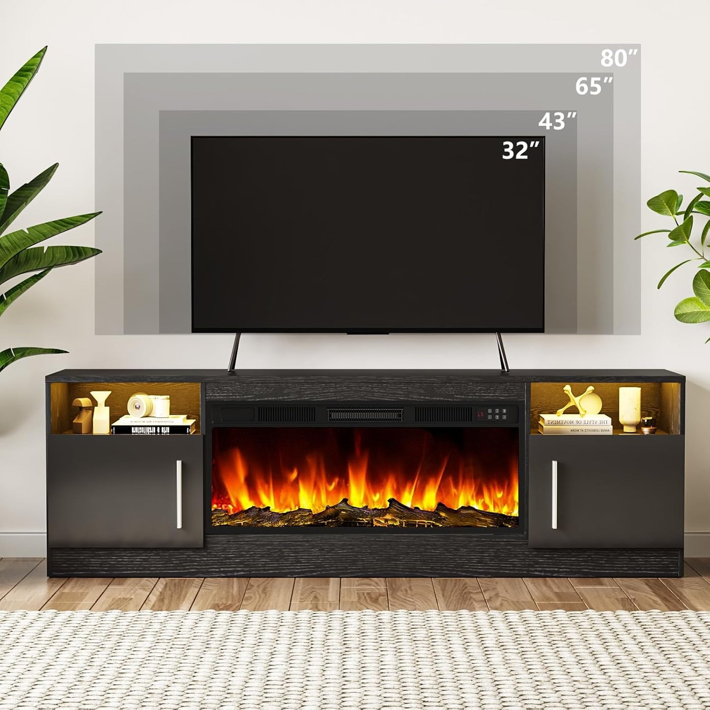 Fireplace TV Stand Entertainment Center with 36" Fireplace, 70" Wooden TV Stand for Tvs up to 80", Media TV Console with High Gloss Storage Cabinet and 16 Colors LED Lights (Black)