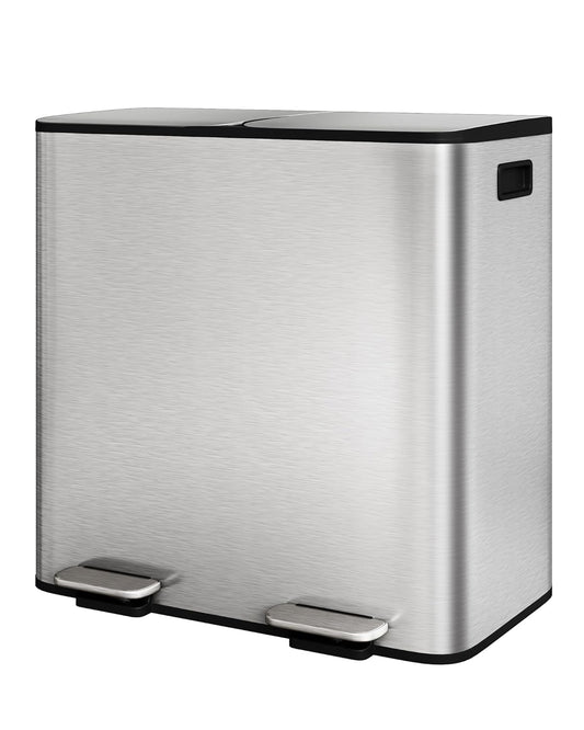 2 X 10.6 Gal Stainless Steel Double Trash Can with Lid for Kitchen, Large Dual Trash and Recycle Bin Combo, Step-On Kitchen Metal Garbage Cans, PP Inner Buckets, Liner Rim, Silver