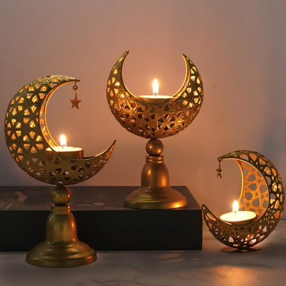 Eid Ramadan Kareem New Moon Shape Candle Holder,,Moon Candle Stand Centerpieces for Eid Mubarak Table Decorations (3 Pcs)
