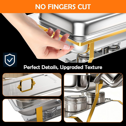 Chafing Dish Buffet Set 9QT 4 Pack, Gold Chafing Dishes for Buffet with 4 Serving Tongs, Buffet Set Full Size Large Serving Chafing Dishes, Warming Food Tray for Catering & New Year Parties