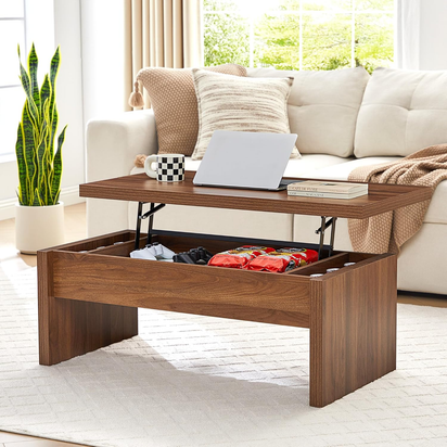 Fluted Coffee Table with Lifting Top, Oval Wood Lift Top Coffee Table with Hidden Compartment, Mid Century Pull up Center Tables for Living Room, Office - Walnut