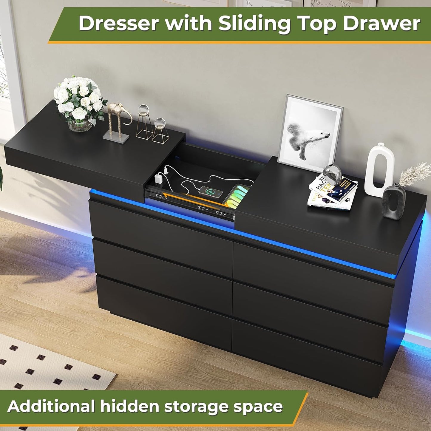 Modern 6 Drawer Dresser with Sliding Desktop, Wide Chest of Drawers with Charging Station & LED Lights, Large Storage Tower Clothes Organizer, Black Dresser for Bedroom