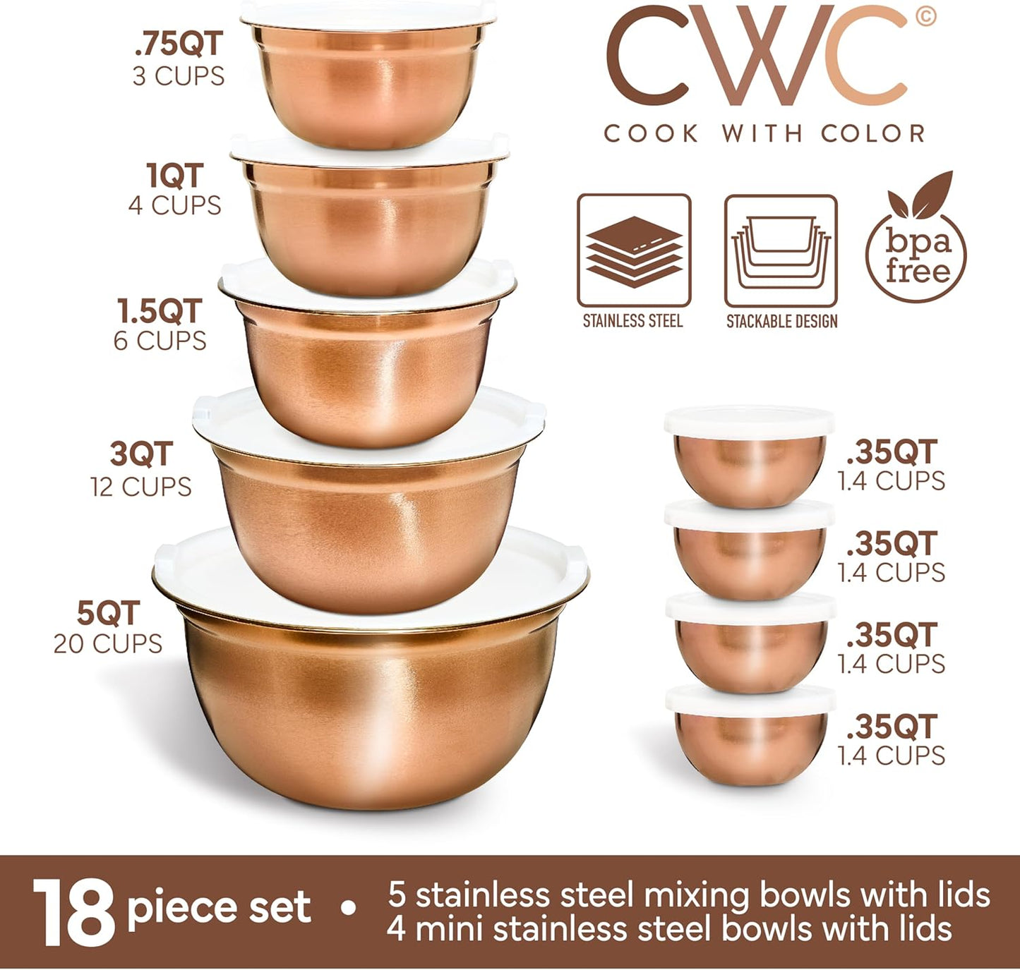 18 Piece Mixing Bowls Set with Airtight Lids, Stainless Steel Bowl Organizers, Food Storage Containers, Meal Prep, Nesting Salad Bowls for Cooking, Baking, Kitchen Use, Copper
