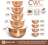 18 Piece Mixing Bowls Set with Airtight Lids, Stainless Steel Bowl Organizers, Food Storage Containers, Meal Prep, Nesting Salad Bowls for Cooking, Baking, Kitchen Use, Copper