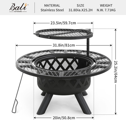 Fire Pit with Poker, 32 Inch Outdoor Fire Pit Patio, Wood Burning Firepits for outside with Grill