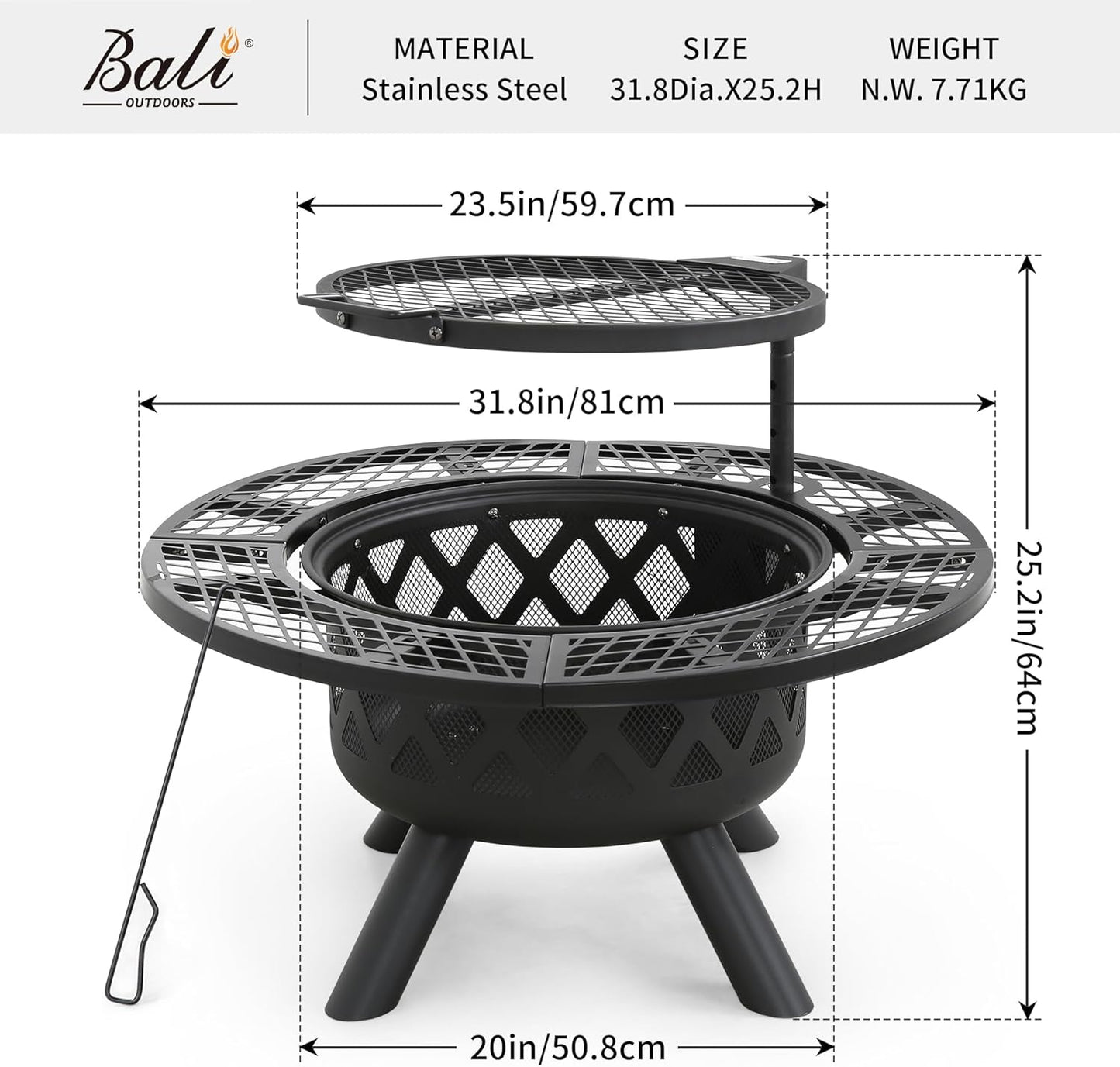 Fire Pit with Poker, 32 Inch Outdoor Fire Pit Patio, Wood Burning Firepits for outside with Grill