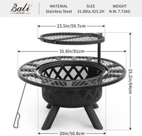 Fire Pit with Poker, 32 Inch Outdoor Fire Pit Patio, Wood Burning Firepits for outside with Grill