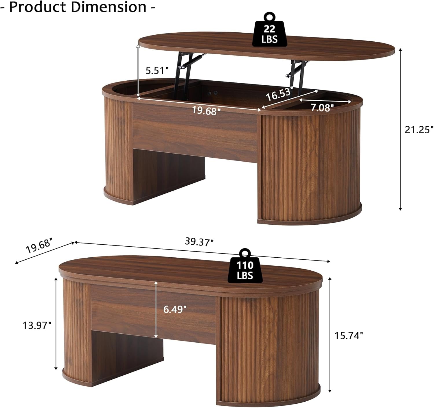Fluted Coffee Table with Lifting Top, Oval Wood Lift Top Coffee Table with Hidden Compartment, Mid Century Pull up Center Tables for Living Room, Office - Walnut