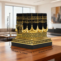 Resin Kaba Replica Decor - 4.6 Inch Golden Black Islamic Prayer House Model with Arabic Script & Rhinestones, Eid Ramadan Gift, Muslim Home Office Desk Decoration (4.17X4.17 in Base) (Gold)
