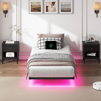 Floating Bed Frame Twin Size, Heavy Duty Bedframe with Smart LED Lights & Charging Station, Modern Metal Platform Bed, Easy Assembly No Box Spring Needed, 8 Inch