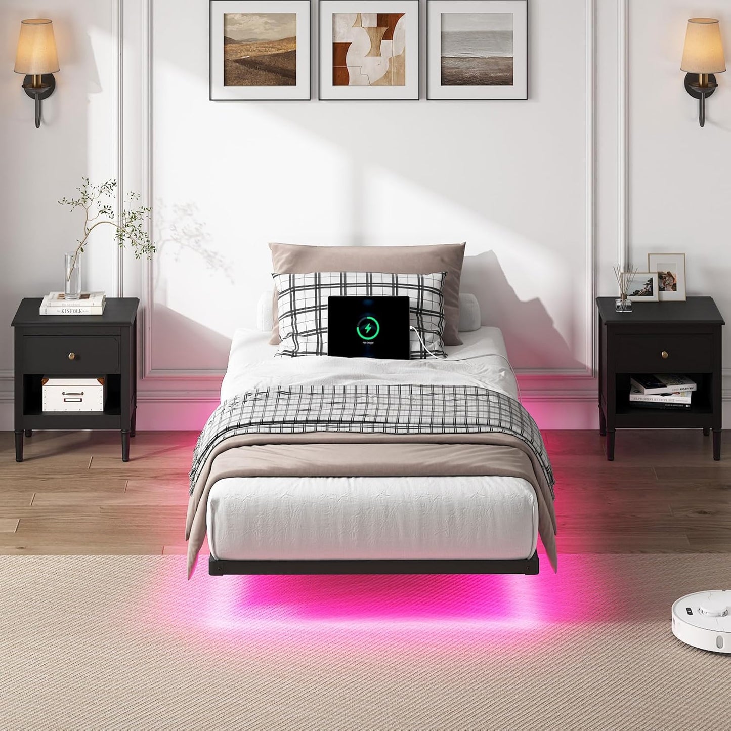 Floating Bed Frame Twin Size, Heavy Duty Bedframe with Smart LED Lights & Charging Station, Modern Metal Platform Bed, Easy Assembly No Box Spring Needed, 8 Inch