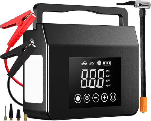 4000A Portable Jump Starter with Air Compressor, 12V Car Battery Power (All Gas 8L Diesel) with 150PSI Tire Inflator 15000Mah Powerbank & Quick Charge, Flashlight, Emergency Kit for Car, Truck
