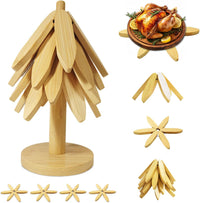 Wooden Trivet Tree Set for Hot Dishes, 100% Natural Wood, Expandable Design Coaster, Foldable Tree-Sharped Placemats with 4Pcs(Walnut Color)