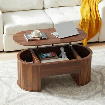 Fluted Coffee Table with Lifting Top, Oval Wood Lift Top Coffee Table with Hidden Compartment, Mid Century Pull up Center Tables for Living Room, Office - Walnut