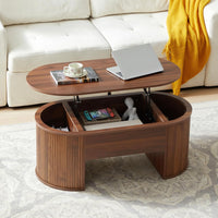 Fluted Coffee Table with Lifting Top, Oval Wood Lift Top Coffee Table with Hidden Compartment, Mid Century Pull up Center Tables for Living Room, Office - Walnut