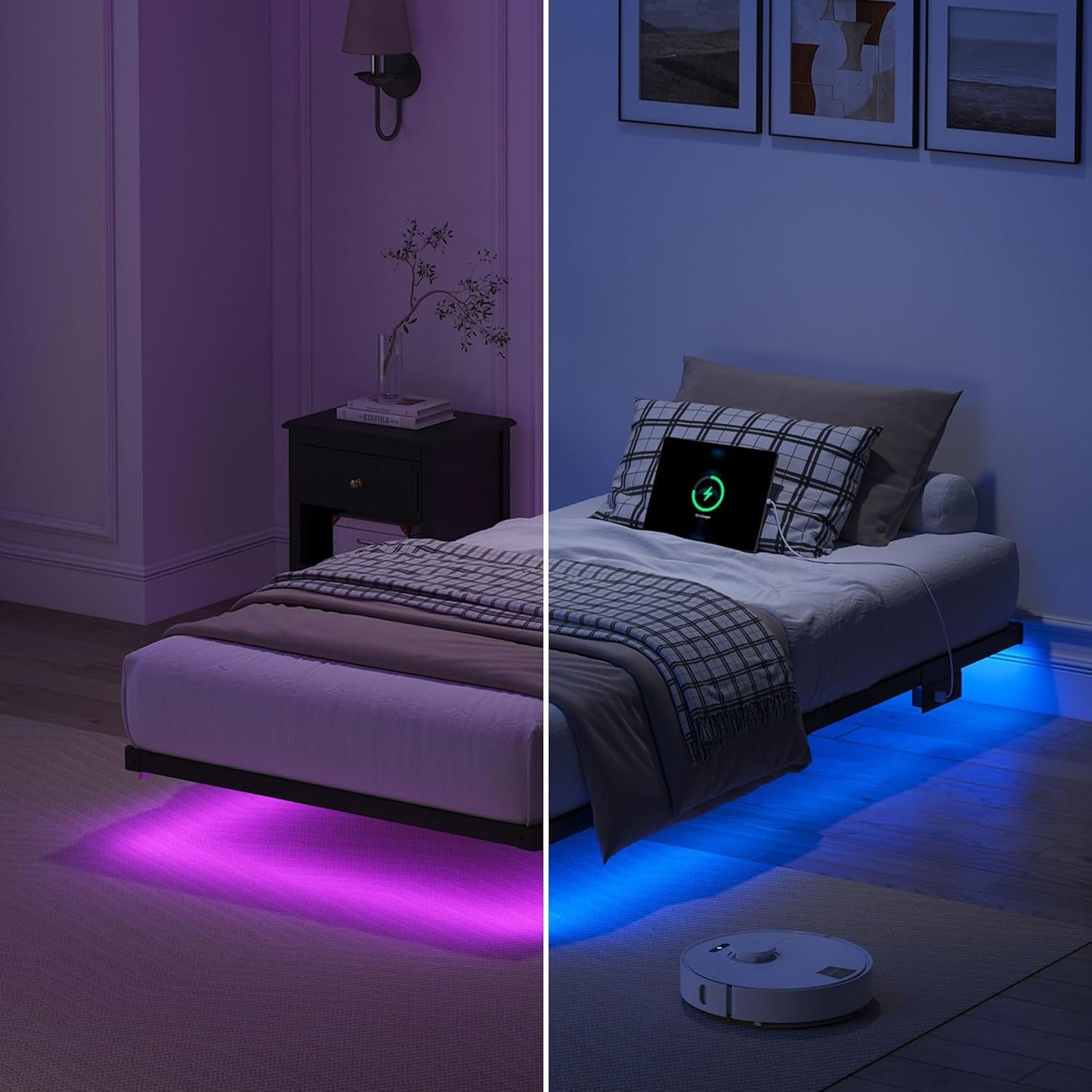 Floating Bed Frame Twin Size, Heavy Duty Bedframe with Smart LED Lights & Charging Station, Modern Metal Platform Bed, Easy Assembly No Box Spring Needed, 8 Inch