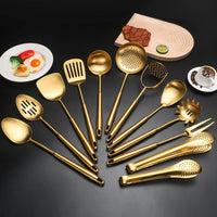 304 Stainlss Steel Matte Kitchen Utensils Set, 12 Pcs Long Metal Cooking Utensil Gadgets Tools Set with Spatula, Ladle, Spoon, Ladle, Skimmer, Tunner, Pasta Server, Tongs(Gold, Dishwasher Safe)