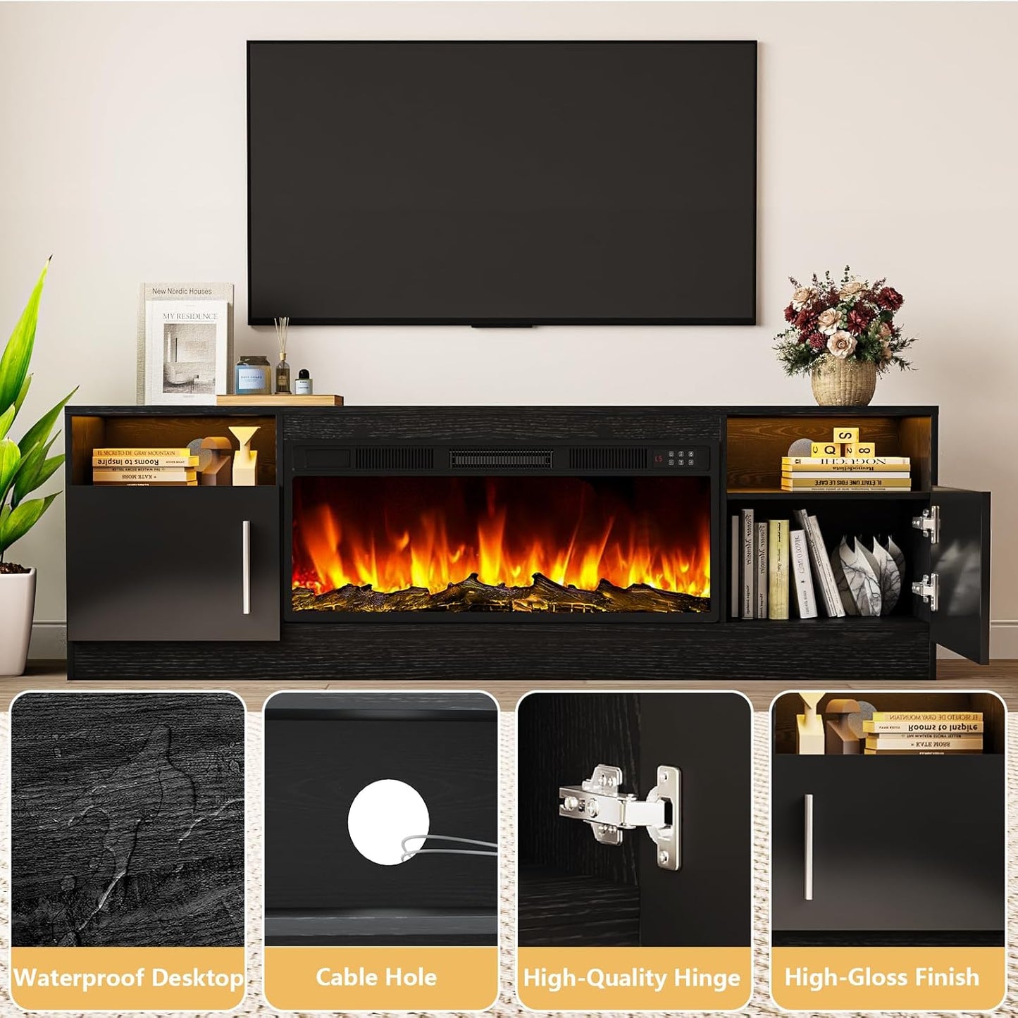 Fireplace TV Stand Entertainment Center with 36" Fireplace, 70" Wooden TV Stand for Tvs up to 80", Media TV Console with High Gloss Storage Cabinet and 16 Colors LED Lights (Black)