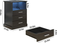 Black LED Nightstand with Charging Station, Side Table with 3 Drawers and Light, End Table with Open Storage, beside Cabinet for Bedroom (Black)