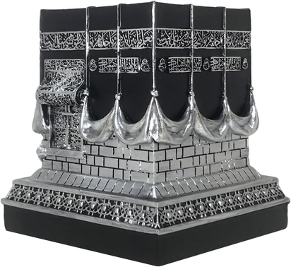 Resin Kaba Replica Decor - 4.6 Inch Golden Black Islamic Prayer House Model with Arabic Script & Rhinestones, Eid Ramadan Gift, Muslim Home Office Desk Decoration (4.17X4.17 in Base) (Gold)